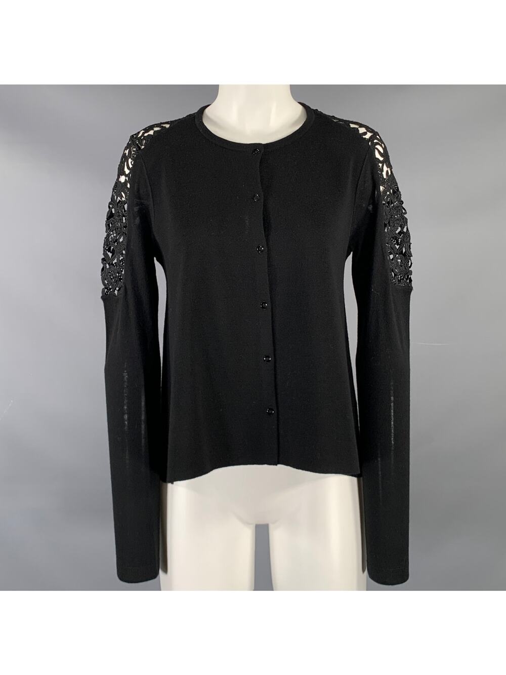 DOROTHEE SCHUMACHER Size 2 Black Virgin Wool Lace Panel Cardigan